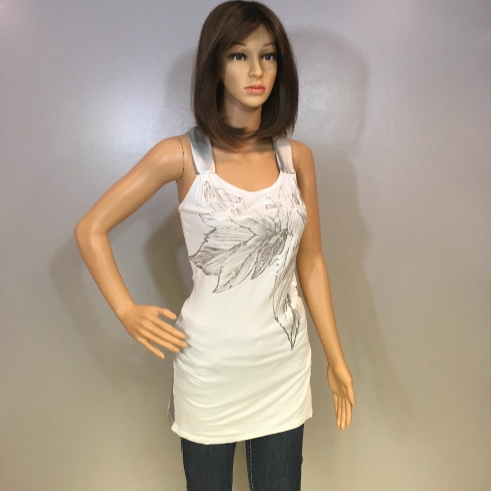 Silver Metallic Feather White Tunic Tank Top